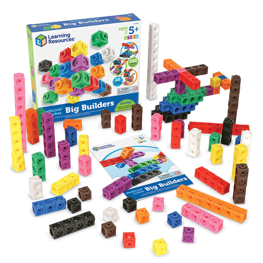 A set of colorful MathLink Cubes Big Builders by Learning Resources, including 200 interlocking plastic cubes and activity guides.