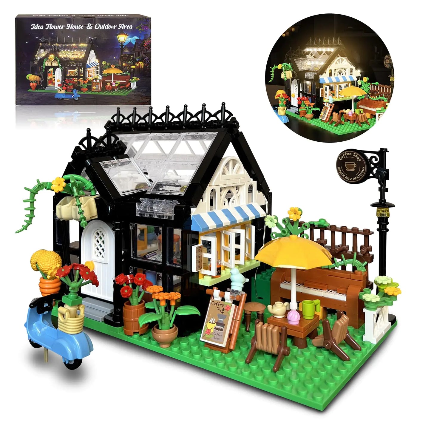 Flower Garden House Building Set with Led LightsGreenhouse Model Playset City Street Flower Shop Building Blocks Kits for Adults Kids 8+ Present Black（475PCS ）