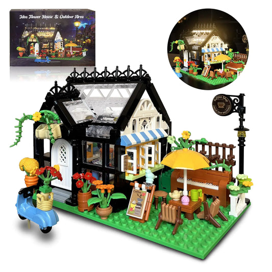 Flower Garden House Building Set with Led LightsGreenhouse Model Playset City Street Flower Shop Building Blocks Kits for Adults Kids 8+ Present Black（475PCS ）